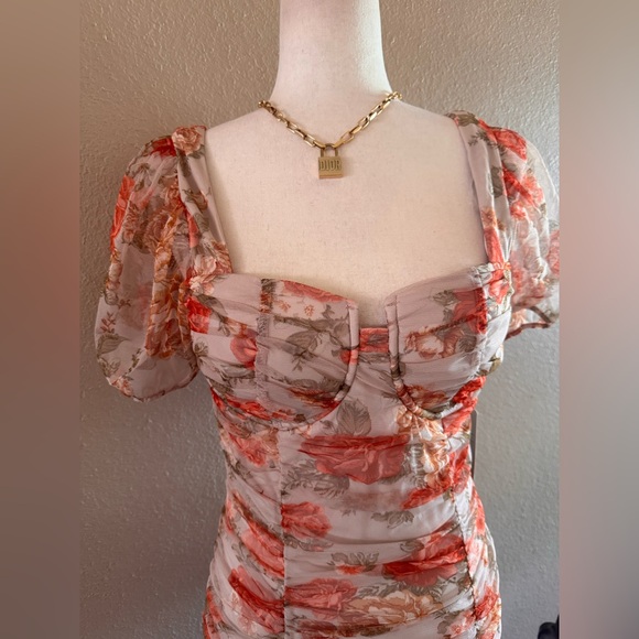 Floral Ruched Puff Sleeve Women’s Dress - Cream with Coral Floral - Picture 4 of 13